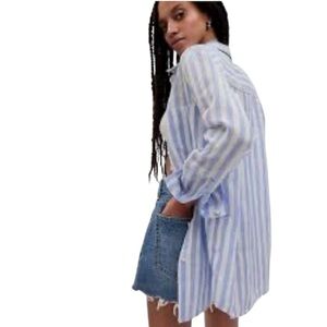 Gap Linen Boyfriend Button Up Shirt Size M Blue White Coastal Striped Top